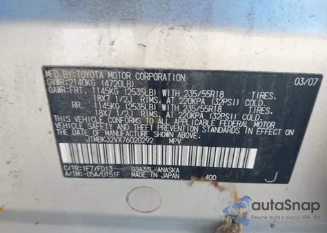 2007 Toyota Rav4 Sport V6 из США, поврежденный, VIN JTMBK32VX76020292